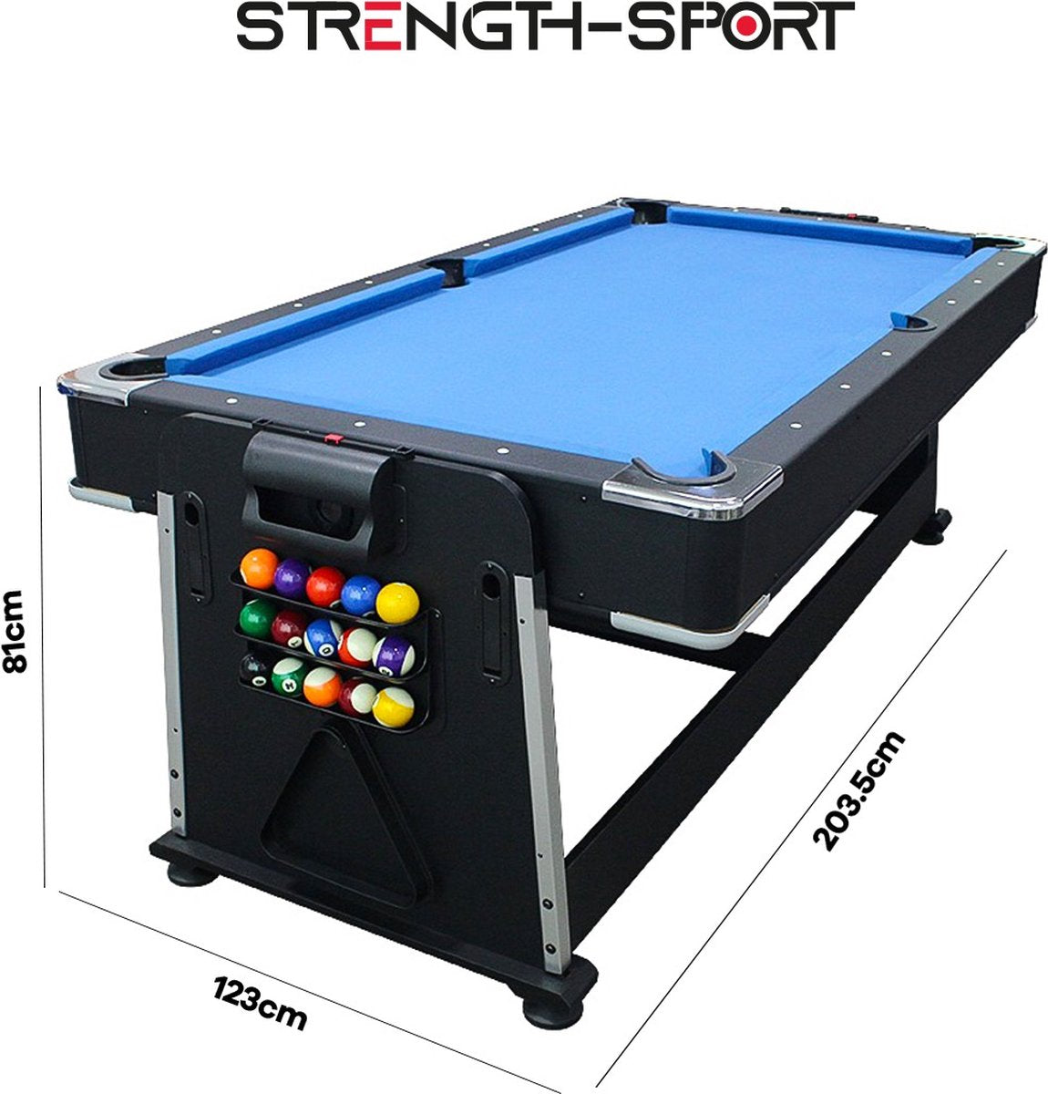 Strength - 7ft - 4in1 Multi Game Tafel - Biljarttafel - Airhockey - Tafeltennis - pooltafel - Zwart - blauw