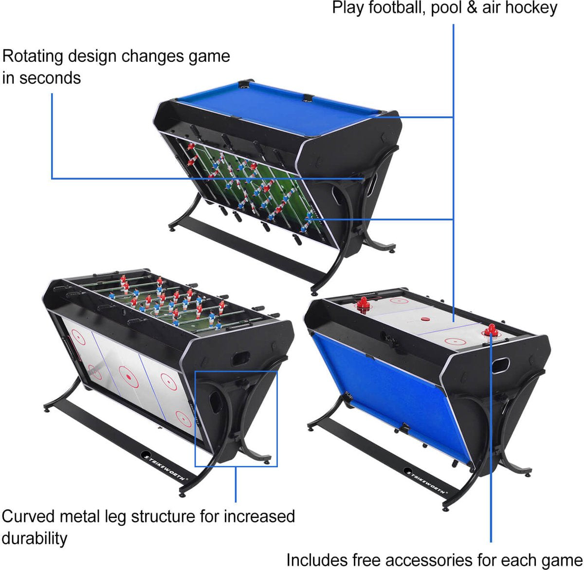 Strength- Compacte & Roterende Multispel Tafel 4ft -TriSport - Pooltafel- tafelvoetbal - airhockey