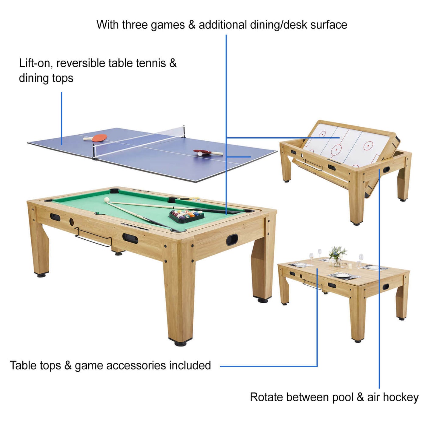 Pureline Multi Game tafel - pooltafel - airhockey - tafeltennis - eettafel 6ft