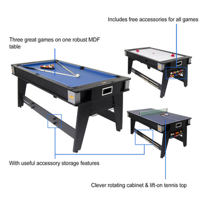 Strikeworth 6ft Multi Games Tafel - 3-in-1 - Pooltafel, Airhockey tafel & Tafeltennistafel - speel biljart, pingpong en Airhockey in 1