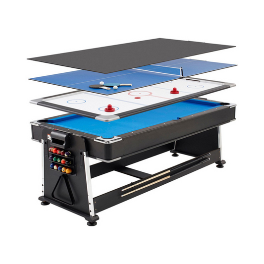 Strength - 7ft - 4in1 Multi Game Tafel - Biljarttafel - Airhockey - Tafeltennis - pooltafel - Zwart - blauw